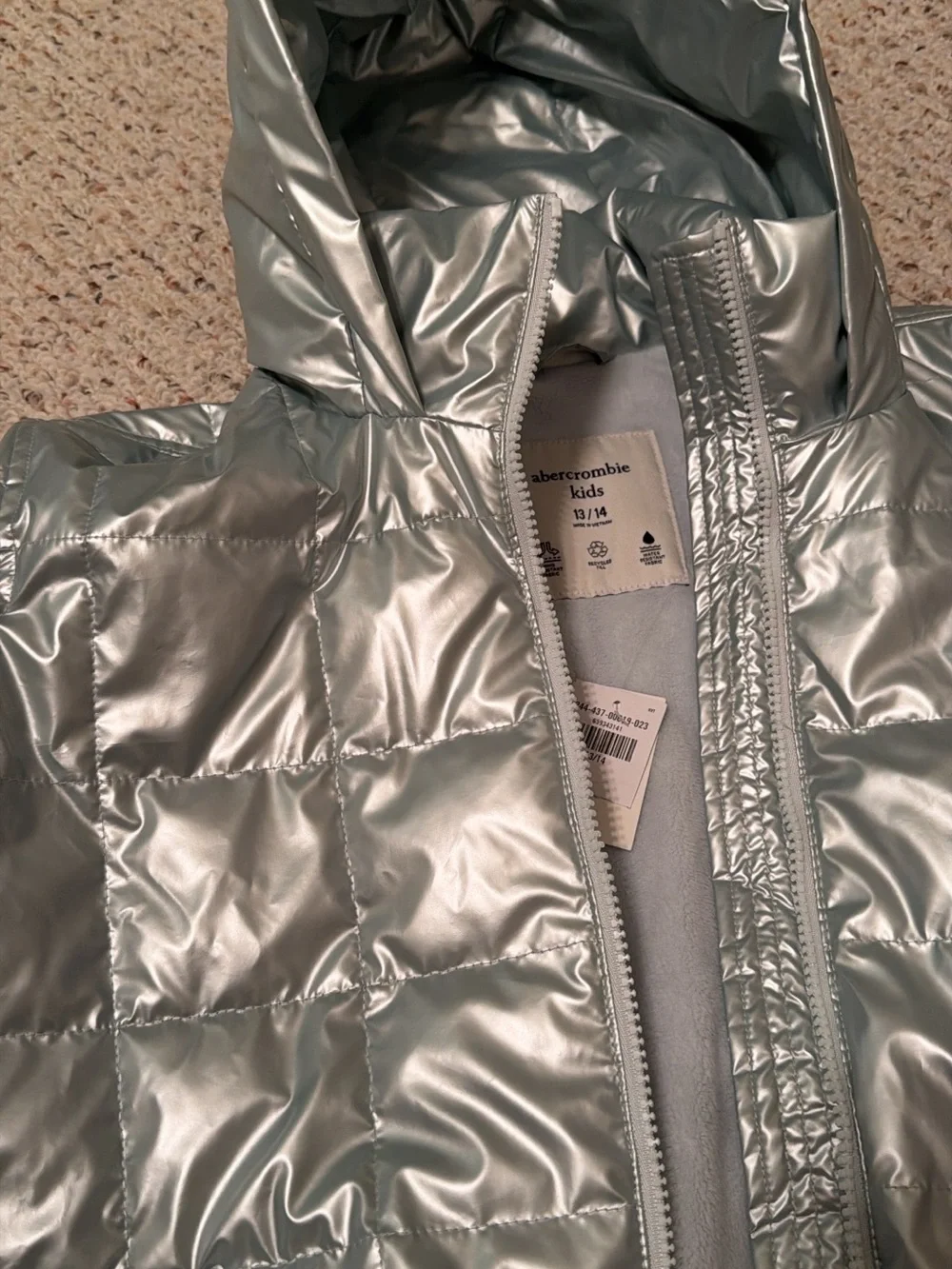 abercrombie kids metallic light blue puffer jacket with hood